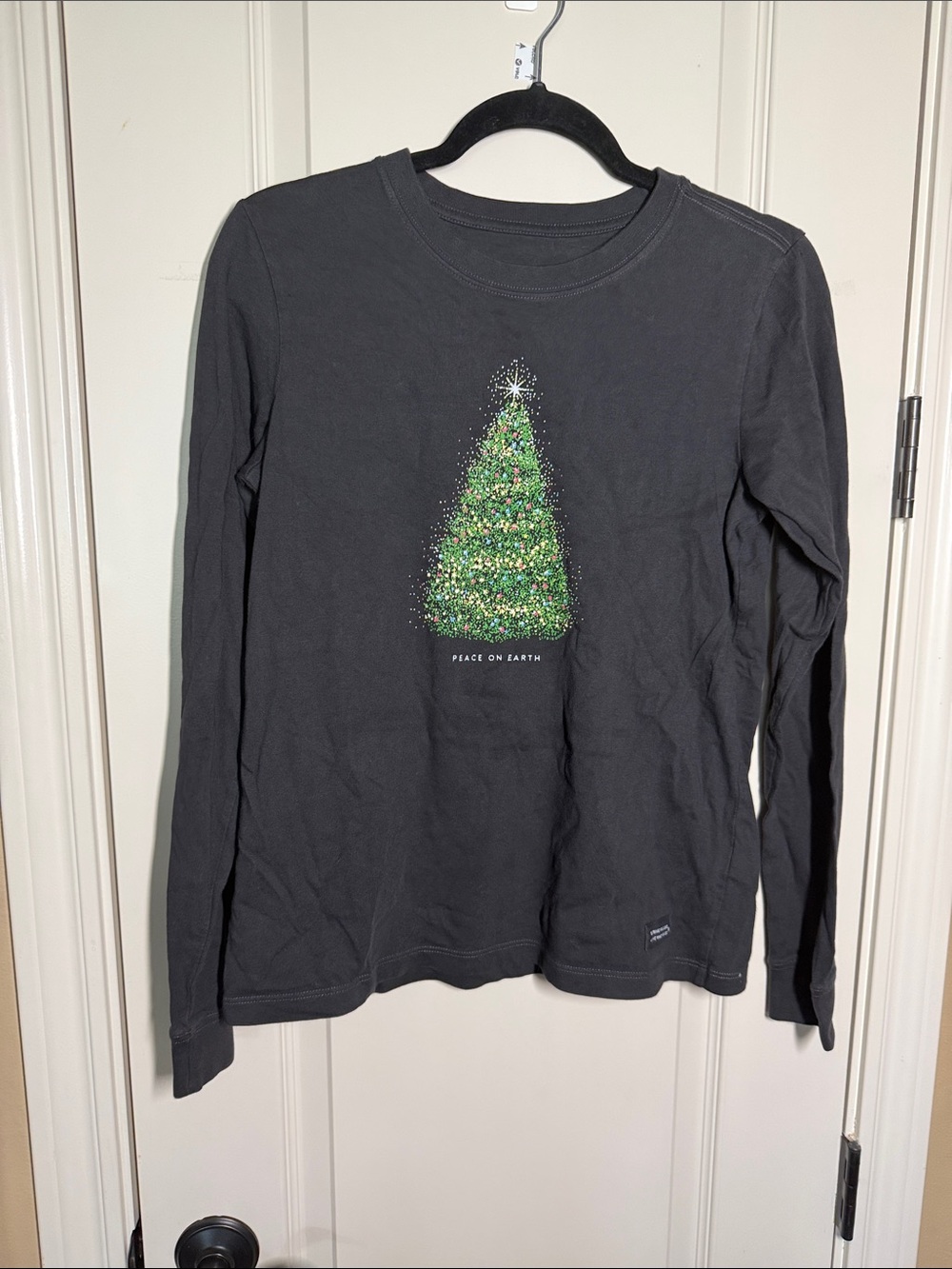 Life Is Good Black Long Sleeve Tee with Green Christmas Tree Graphic